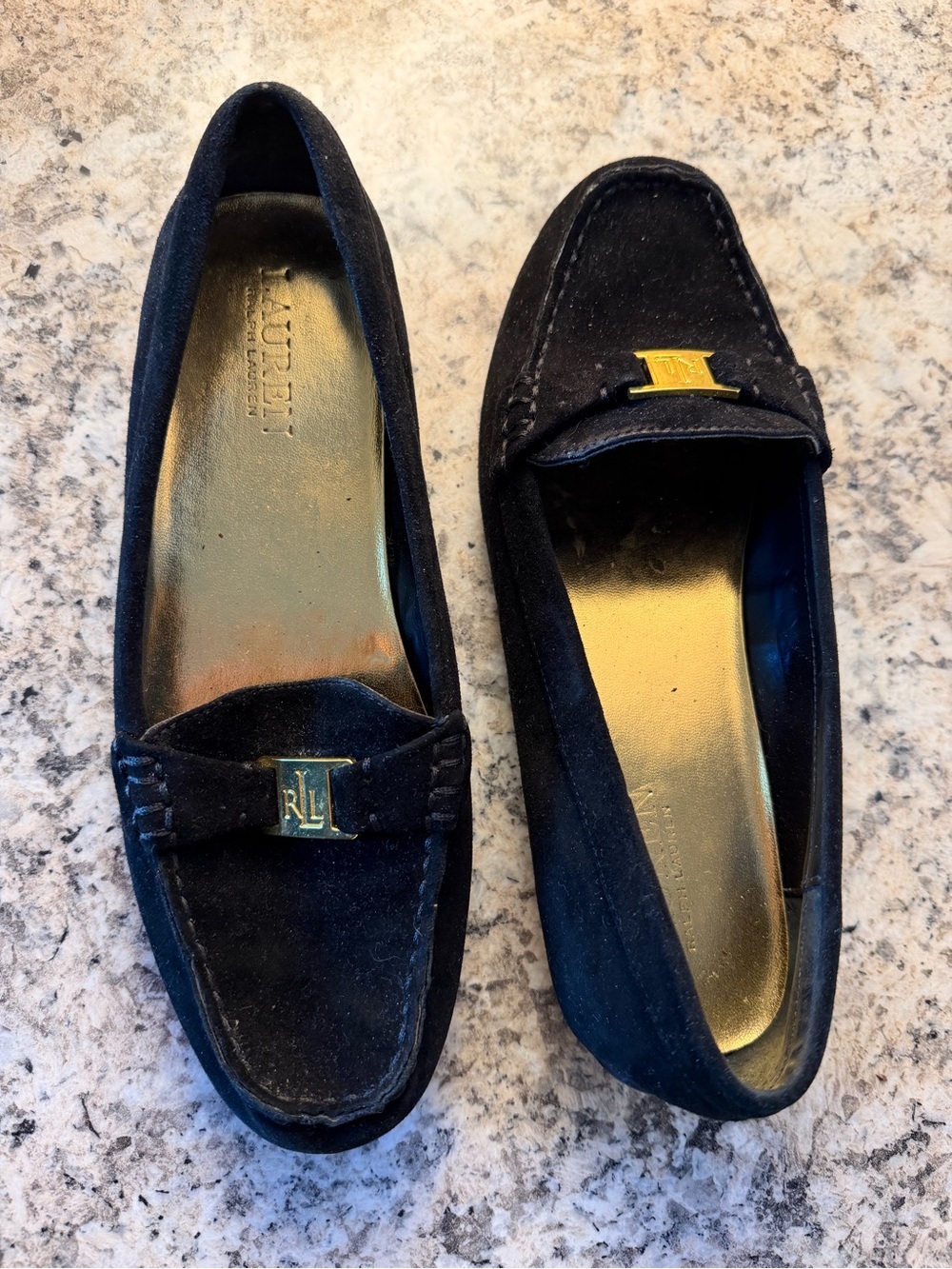 Ralph Lauren Black Suede Loafers with Gold RL Plaque CLASSY Preppy